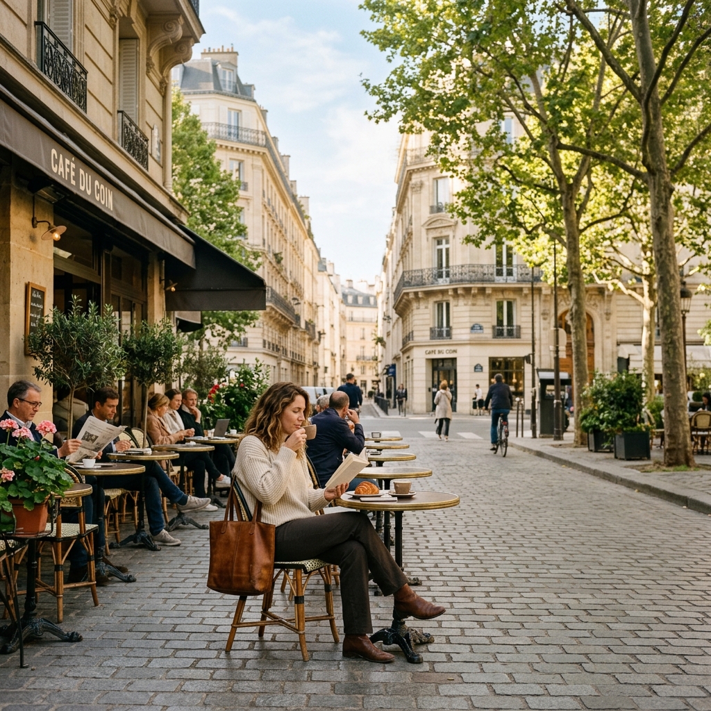 Vida cotidiana en el exterior: mujer hispanohablante en una cafetería europea