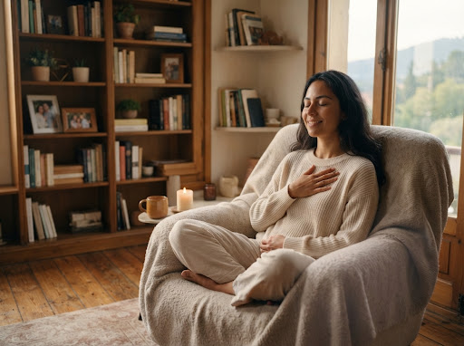 Fotografía serena y cálida de una mujer hispanohablante relajada en un sillón